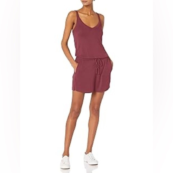 Daily Ritual Women's Burgundy Sunwashed Sleeveless Modal Blend V Neck Romper L - Picture 1 of 8